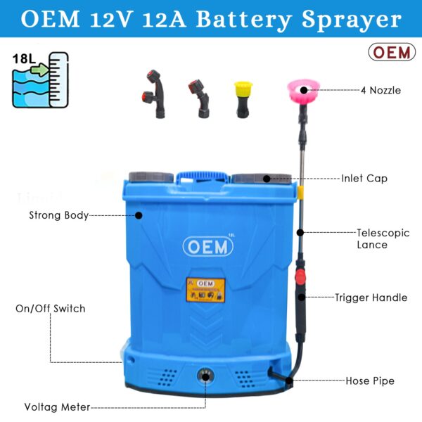 OEM 12V12A 18L Battery Operated Knapsack Agricultural Sprayer – High Pressure, Heavy-Duty Design, Long Battery Backup, Free 60cm Copper Gun, 4 Nozzles, Heavy Car Belt for Efficient Spraying in Farming, Gardening & Pest Control - Image 2