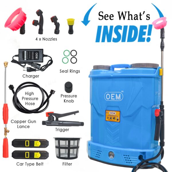 OEM 12V12A 18L Battery Operated Knapsack Agricultural Sprayer – High Pressure, Heavy-Duty Design, Long Battery Backup, Free 60cm Copper Gun, 4 Nozzles, Heavy Car Belt for Efficient Spraying in Farming, Gardening & Pest Control - Image 9