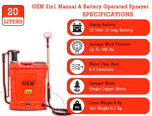 OEM 2in1 Battery & Hand Operated 12V12A 20L Agriculture knapsack Sprayer with Free Gun | Heavy Battery | Heavy Copper Motor for High Pressure - Image 4