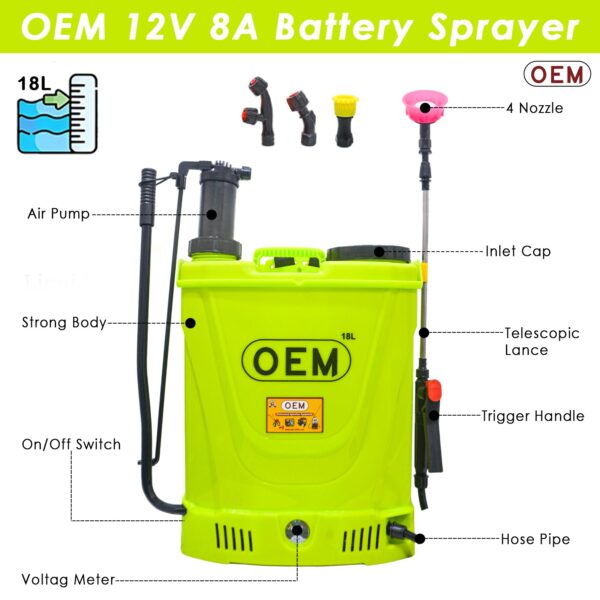 OEM 2in1 Battery Sprayer 12V8A with HI Jet Gun – 18L Knapsack Sprayer, Battery & Manual Operated, High Pressure, Big Battery, 4 Nozzles Included, Heavy Duty for Agriculture & Gardening - Image 2