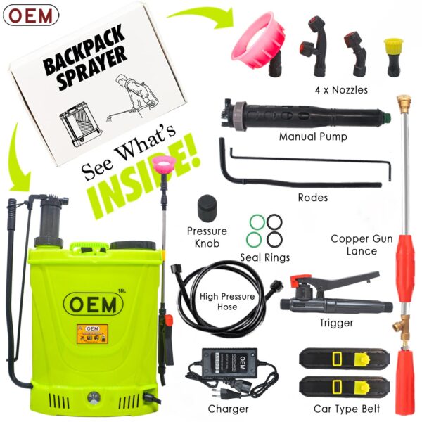 OEM 2in1 Battery Sprayer 12V8A with HI Jet Gun – 18L Knapsack Sprayer, Battery & Manual Operated, High Pressure, Big Battery, 4 Nozzles Included, Heavy Duty for Agriculture & Gardening - Image 9