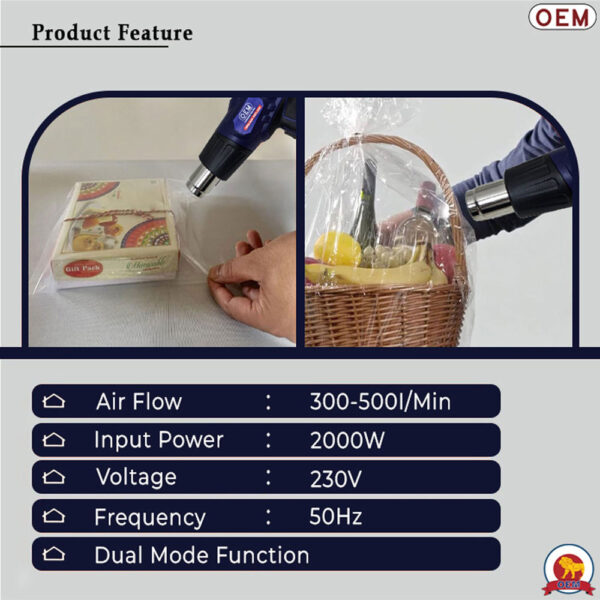 Highlighted features of the OEM 2000W Heat Gun, including adjustable airflow modes and sturdy construction.