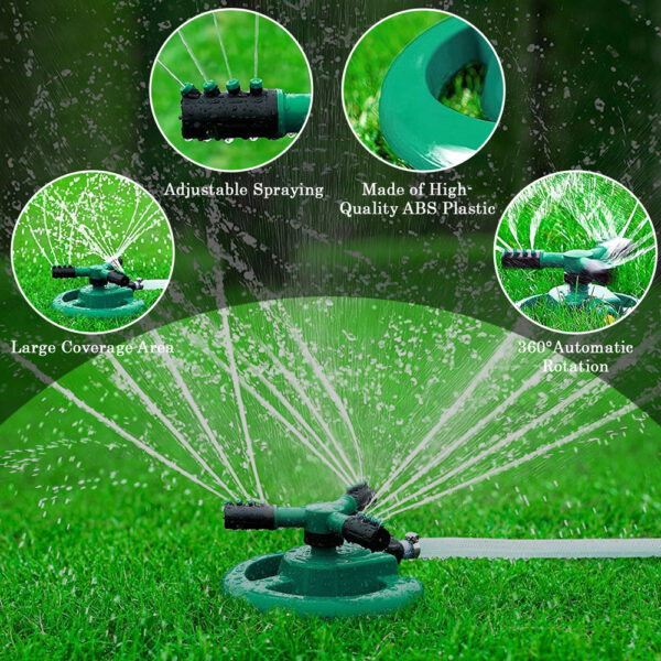 Close-up images of a 360-degree rotating garden sprinkler with adjustable spray nozzles, made of high-quality ABS plastic, providing large coverage area.