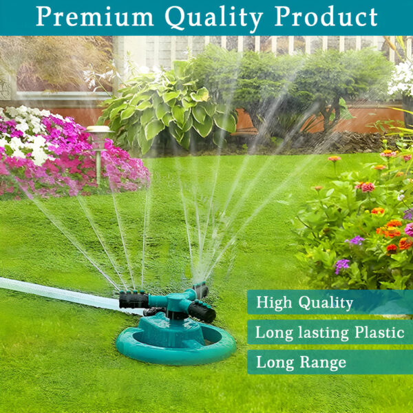 A green 360-degree rotating garden sprinkler watering a lush green lawn with colorful flowers. The sprinkler is made of high-quality, long-lasting plastic and has a long range.