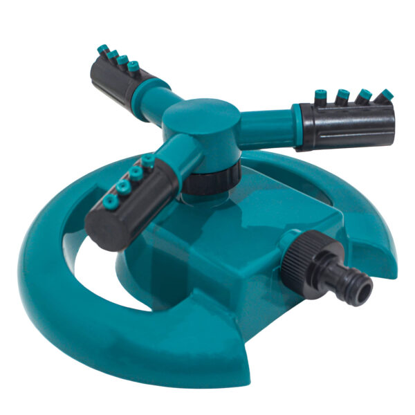 Green 360-degree rotating garden sprinkler with adjustable spray nozzles.