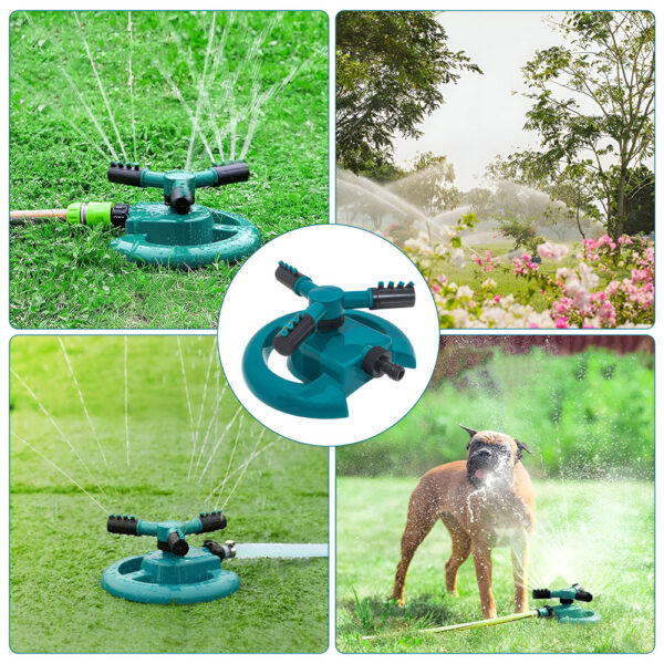 360-degree rotating garden sprinkler with adjustable spray patterns, watering a lawn and garden.