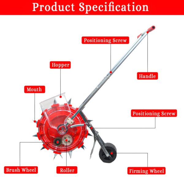 Diagram of a OEM T12 Manual Seeder with labeled parts, including the positioning screw, hopper, handle, mouth, brush wheel, roller, and firming wheel.