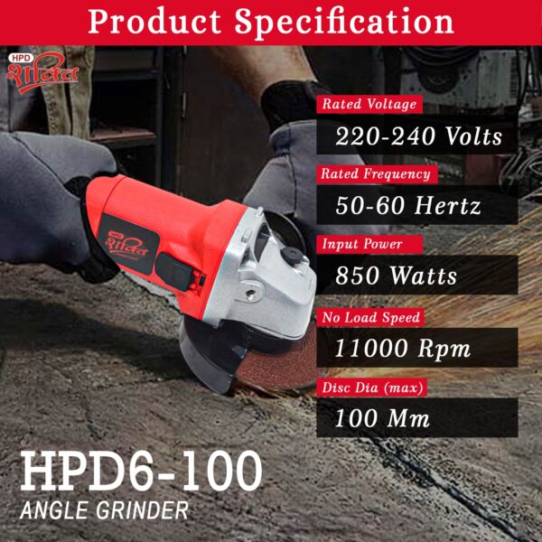 HPD Shakti 850W Angle Grinder with 2 Blades Combo (TCT, Grinding, Marble) Pure Copper Motor, 11,000 RPM, Compact Design, and Accessories and More for Cutting, Grinding, 6-100 - Image 4