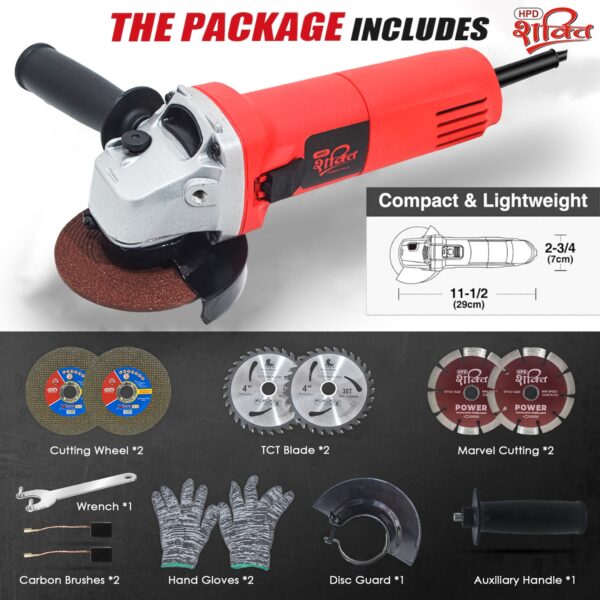 HPD Shakti 850W Angle Grinder with 2 Blades Combo (TCT, Grinding, Marble) Pure Copper Motor, 11,000 RPM, Compact Design, and Accessories and More for Cutting, Grinding, 6-100 - Image 9